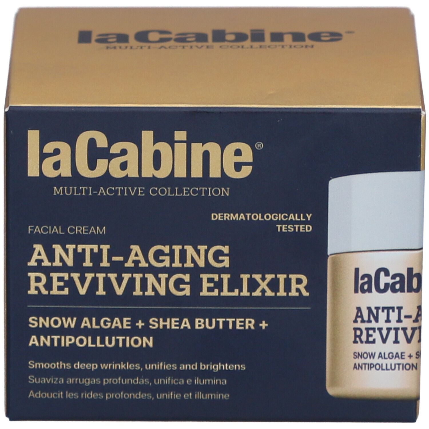 Emballage produit. Inscription: laCabine Anti-Aging Reviving Elixir. Contient algues des neiges et beurre de karité. Avec petite bouteille.