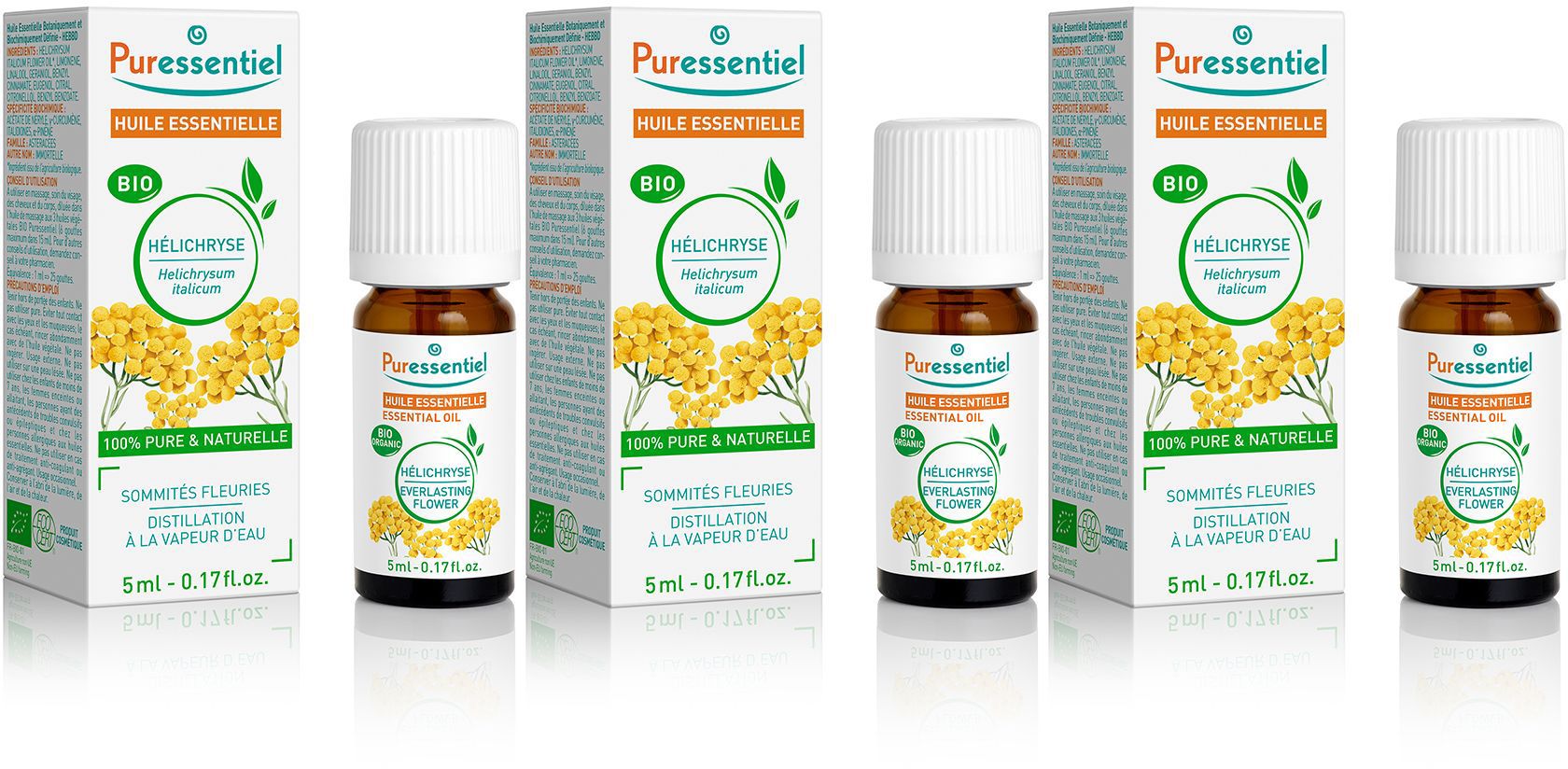 Flacons en verre brun et boîtes avec informations produit. Inscription: Puressentiel, BIO, Helichryse, 5ml.