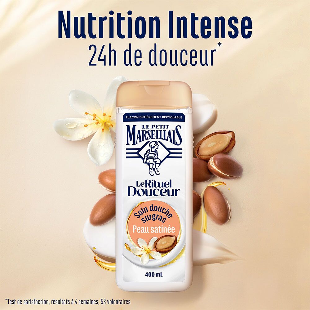 Productfles met bloemen en argan. Tekst: Nutrition Intense 24h de douceur.