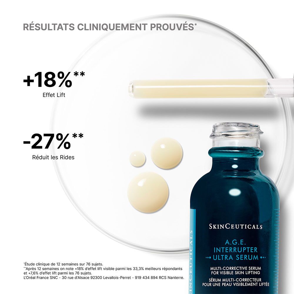 Plaque de laboratoire avec sérum et pipette. Texte : +18% Effet Lift, -27% Réduit les rides. Flacon en arrière-plan.