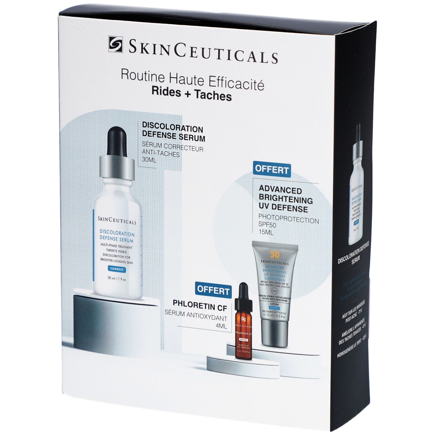 Verpakking SkinCeuticals Routine Haute Efficacité Rides + Taches. Bevat serum, zonnebrandcrème en serum.