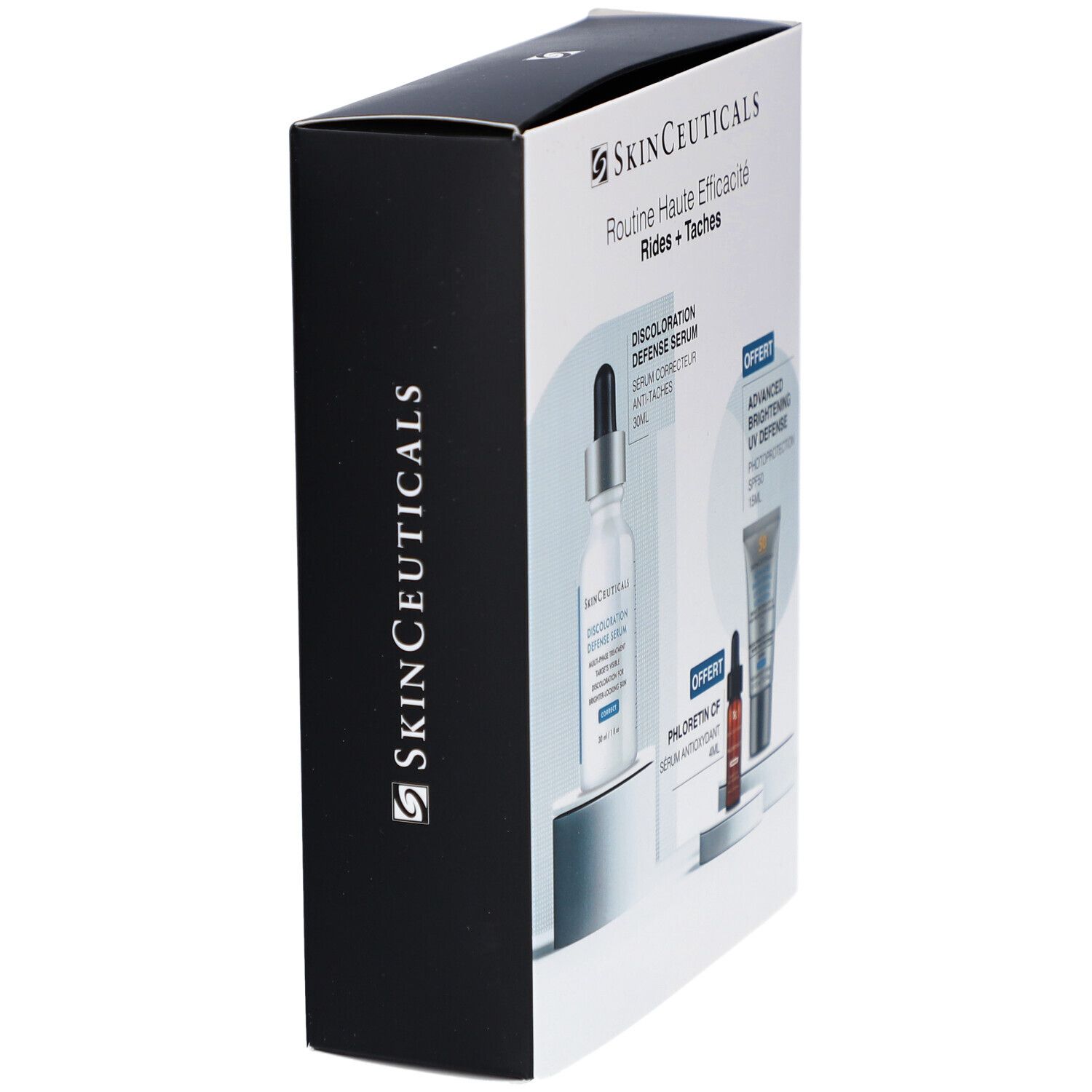Zwarte verpakking SkinCeuticals Routine Haute Efficacité Rides + Taches. Bevat serum, zonnebrandcrème en serum.
