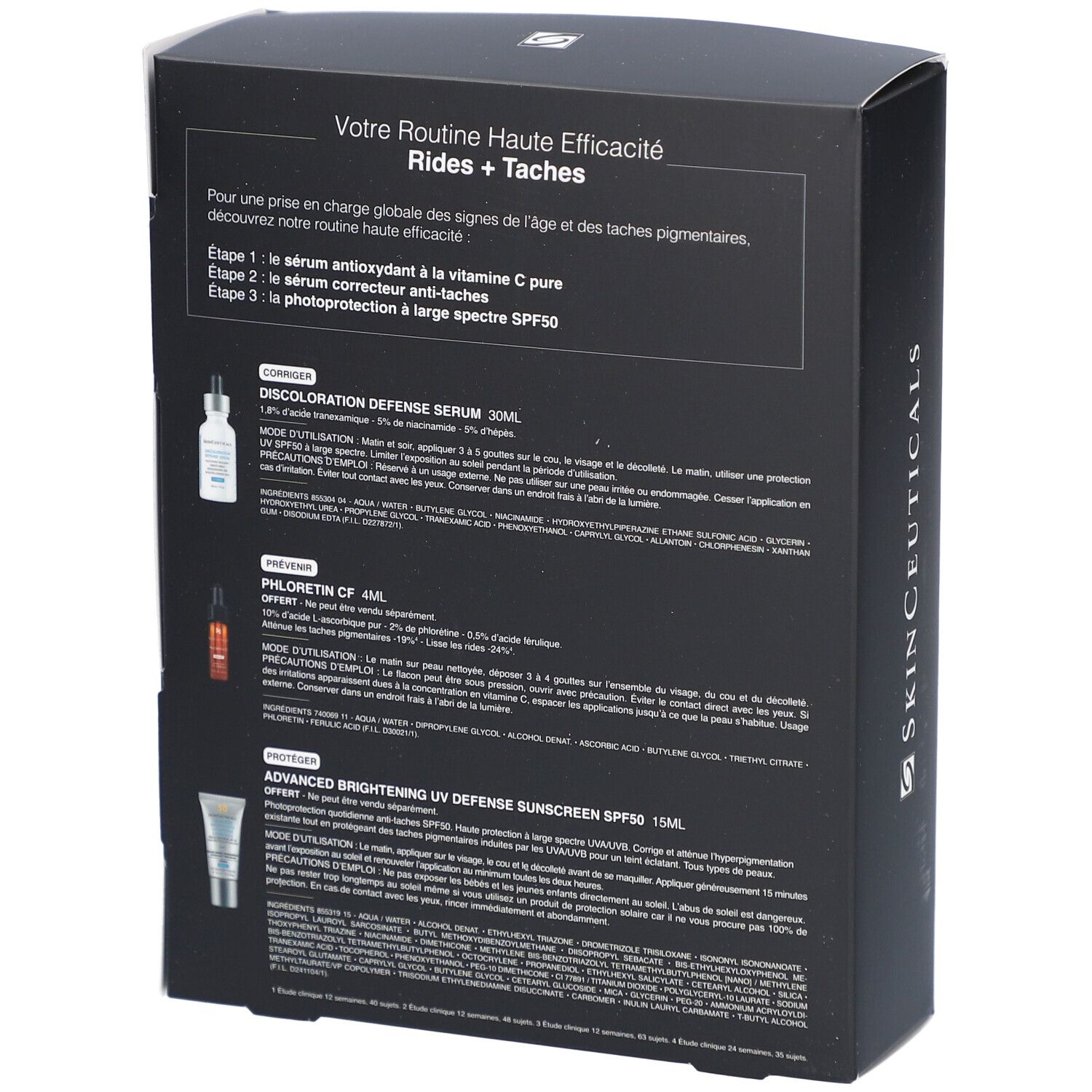 Achterkant verpakking SkinCeuticals Routine Haute Efficacité Rides + Taches. Franse tekst. Productinformatie.