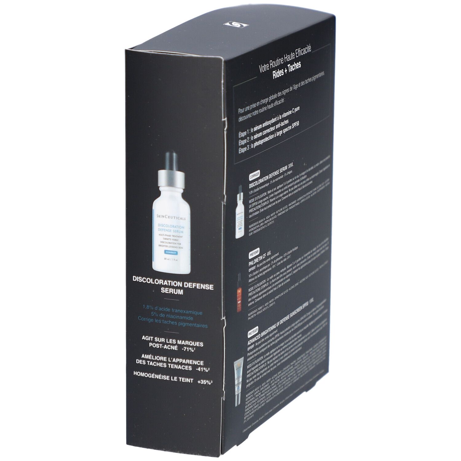 Verpakking SkinCeuticals Routine Haute Efficacité Rides + Taches. Bevat serum, zonnebrandcrème en serum. Franse tekst.