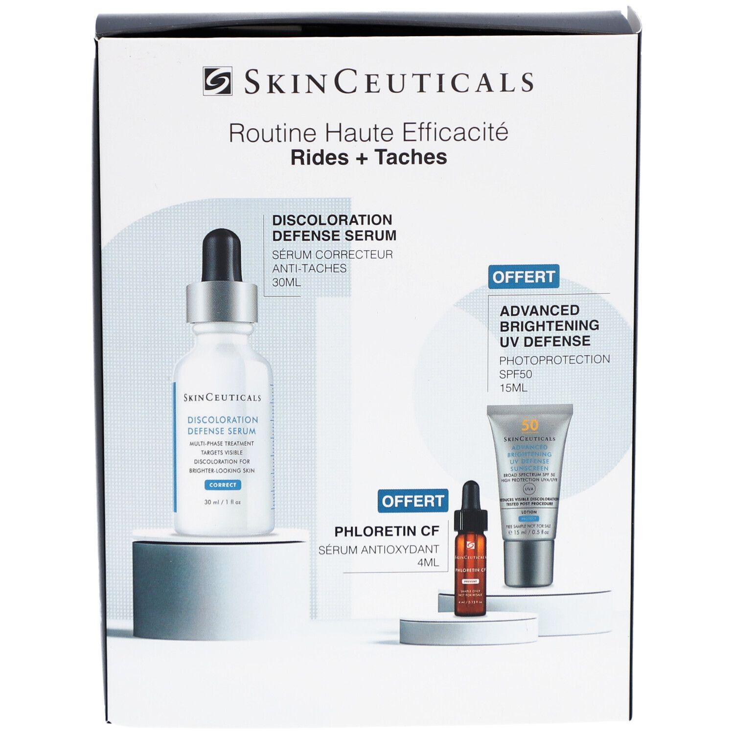Verpakking SkinCeuticals Routine Haute Efficacité Rides + Taches. Bevat serum, zonnebrandcrème en serum.