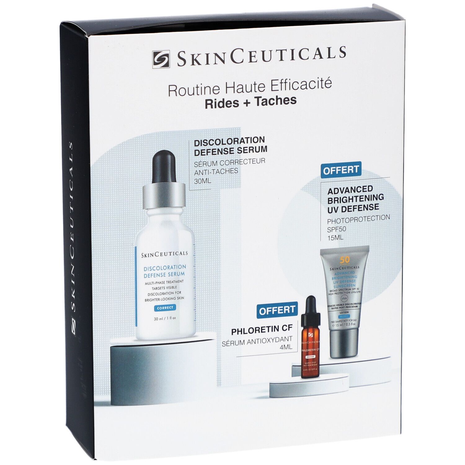 Verpakking SkinCeuticals Routine Haute Efficacité Rides + Taches. Bevat serum, zonnebrandcrème en serum.