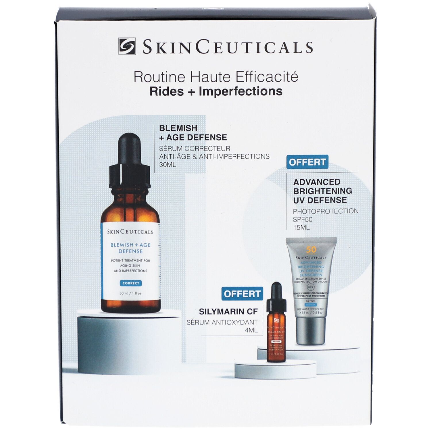 SkinCeuticals Coffret. Bevat serum, zonnebescherming en een ander serum. Verpakking.