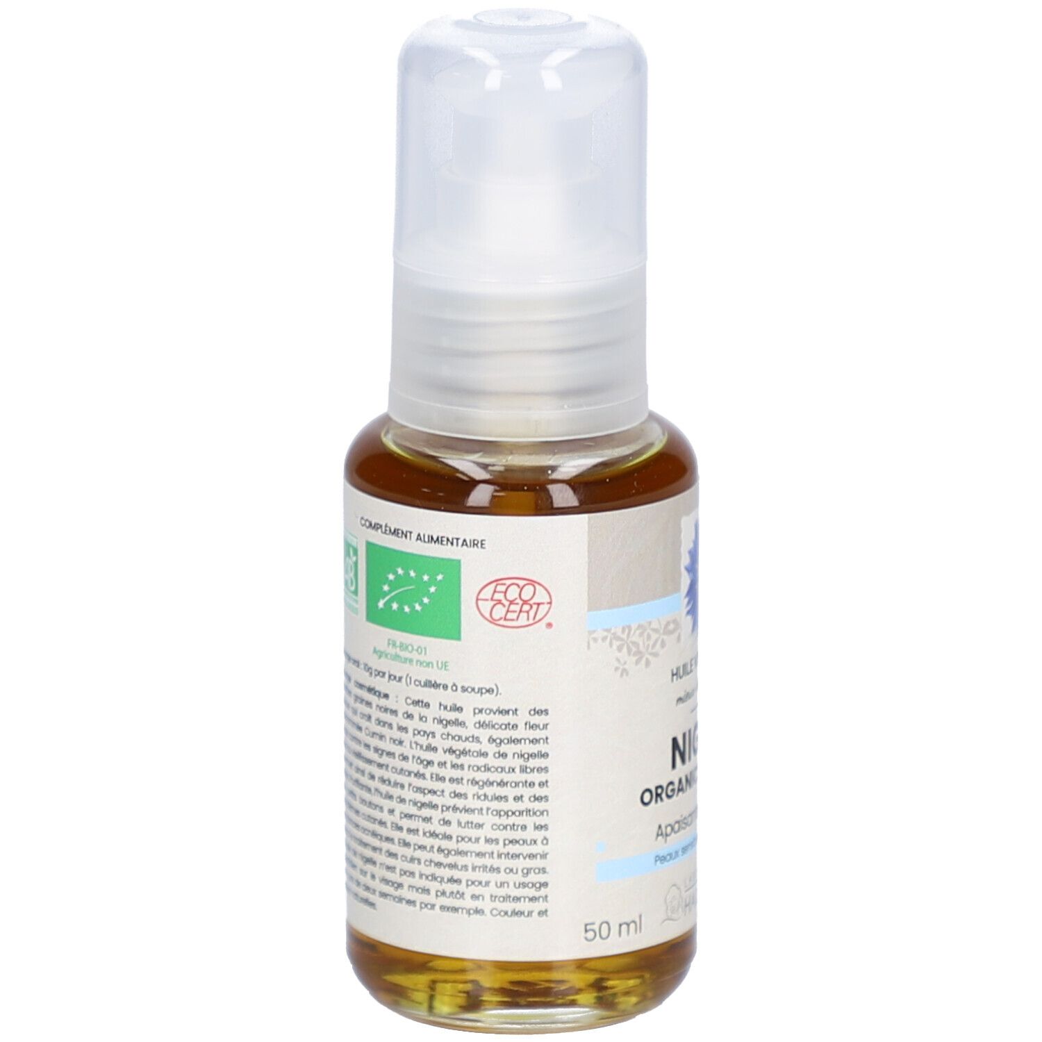 Achterkant van een fles met bruine vloeistof. Tekst: ECO CERT, aanvullende informatie. Label: Laboratoire du Haut-Ségala.