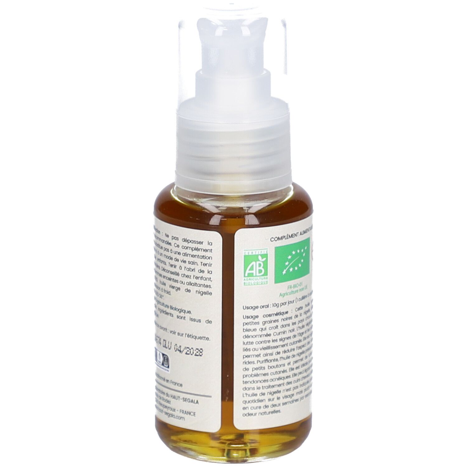 Achterkant van een fles met bruine vloeistof. Tekst: AB-certificering, aanvullende informatie. Label: Laboratoire du Haut-Ségala.
