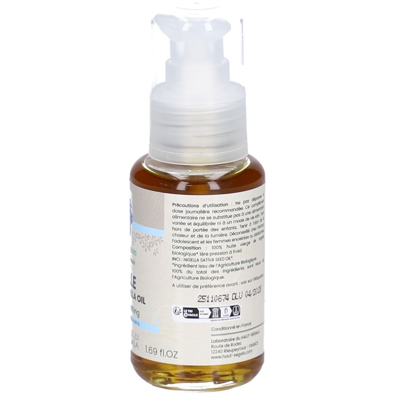 Achterkant van een fles met bruine vloeistof. Tekst: voorzorgsmaatregelen, ingrediënten. Label: Laboratoire du Haut-Ségala.