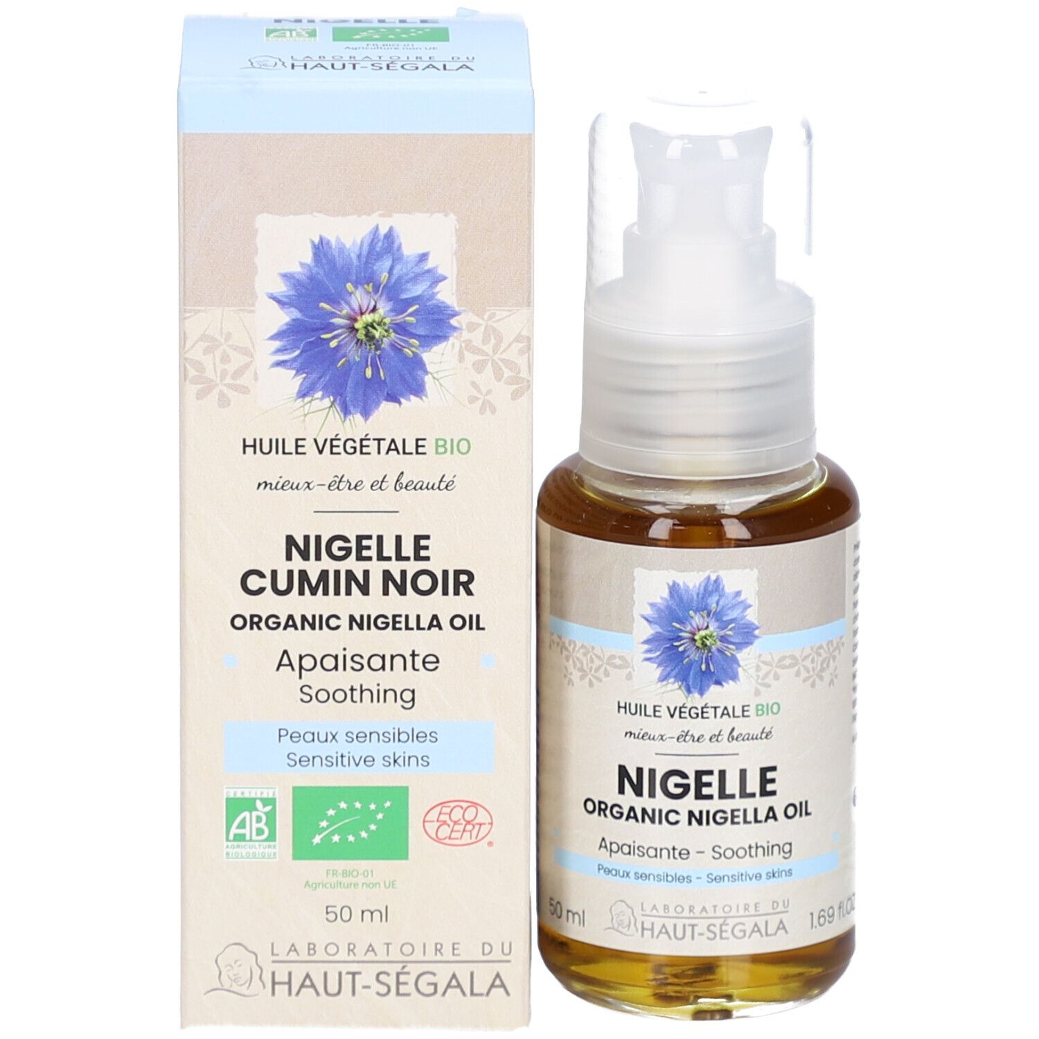 Fles en doos. Opschrift: Nigelle Cumin Noir Organic Nigella Oil. Label: Laboratoire du Haut-Ségala. Certificeringen.