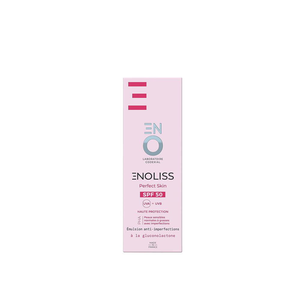 Roze verpakking met ENOLISS Perfect Skin SPF50. Tekst en logo. Hoge zonbescherming.