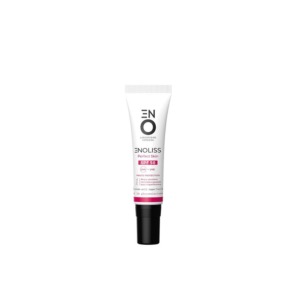 Witte tube met ENOLISS Perfect Skin SPF50. Zwarte dop. Tekst en logo.
