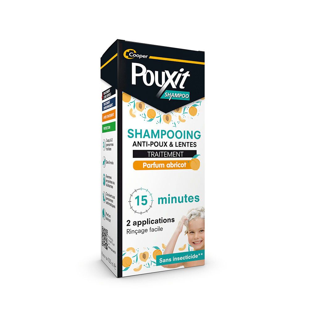 Boîte de shampooing. Texte: Anti-poux & lentes, parfum abricot. 15 minutes, 2 applications.