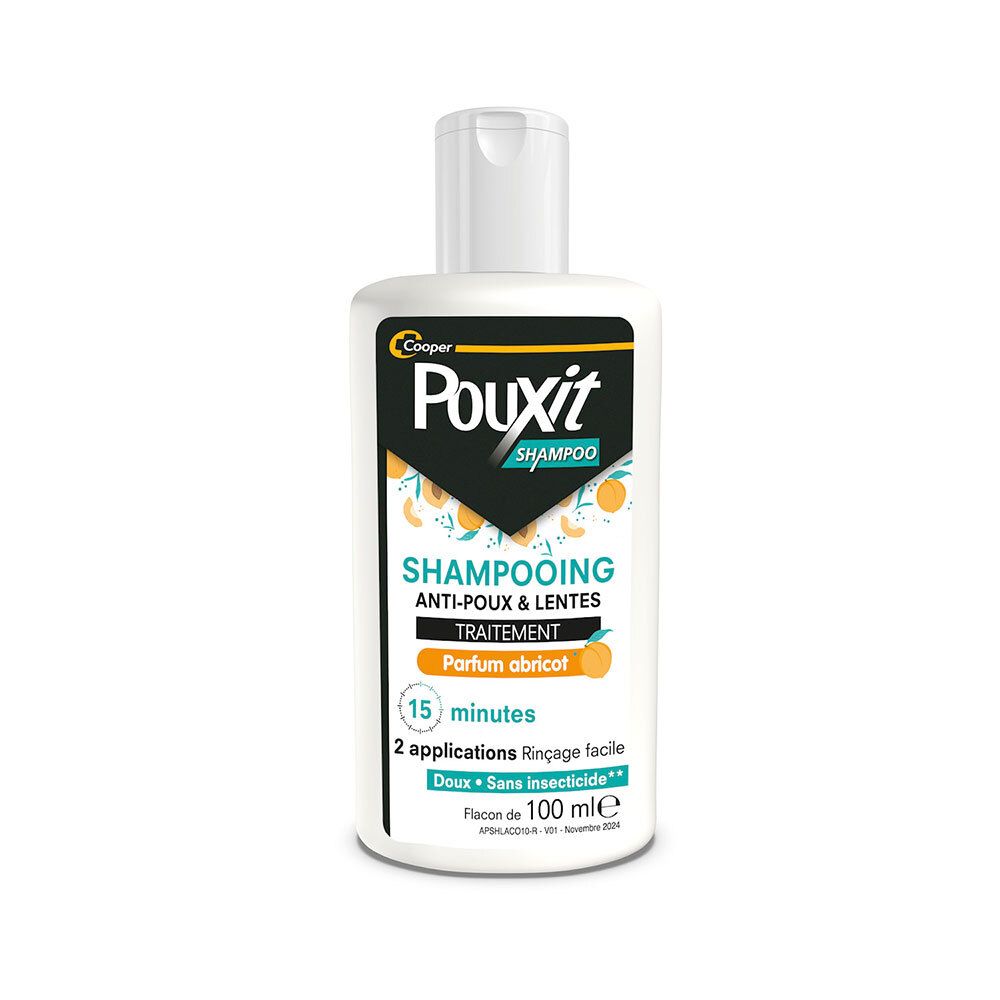 Flacon de shampooing blanc. Texte: Anti-poux & lentes, parfum abricot. 15 minutes, 2 applications. Sans insecticide.