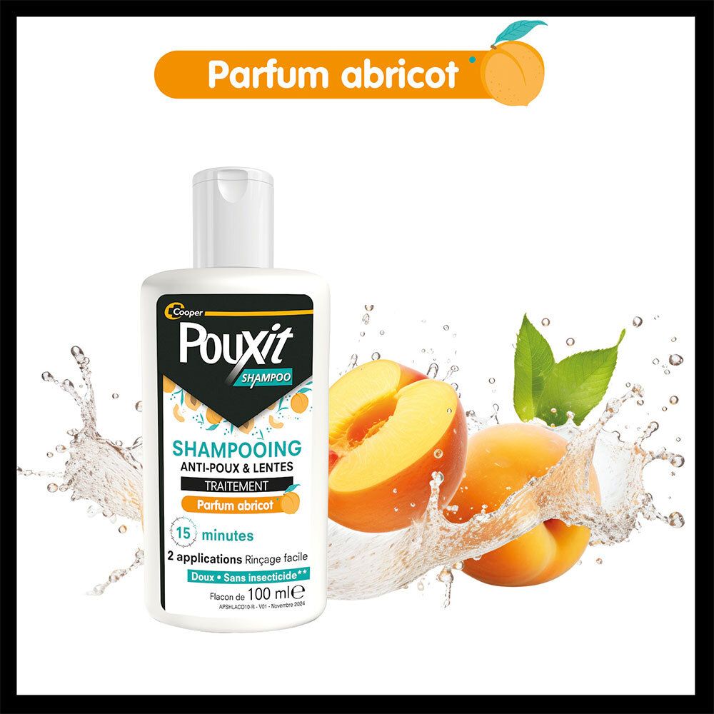Flacon de shampooing et abricots. Texte: Anti-poux & lentes, parfum abricot. 15 minutes, 2 applications. Sans insecticide.