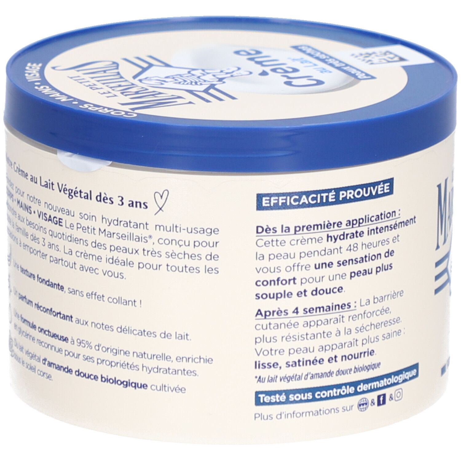 Crèmepot met blauwe deksel. Tekst: Crème au Lait, Peaux très sèches. Ingrediënten en tekst over de crème. Merk: LE PETIT MARSEILLAIS.
