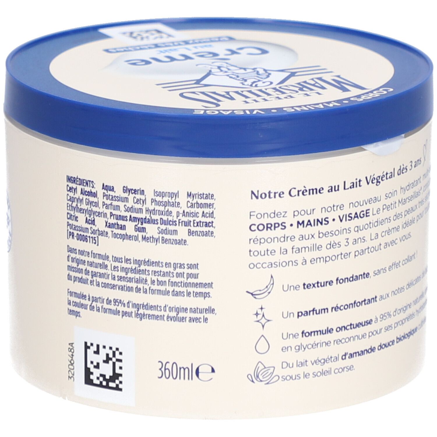 Crèmepot met blauwe deksel. Tekst: Crème au Lait, Peaux très sèches. Ingrediënten en tekst over de crème. 360ml.