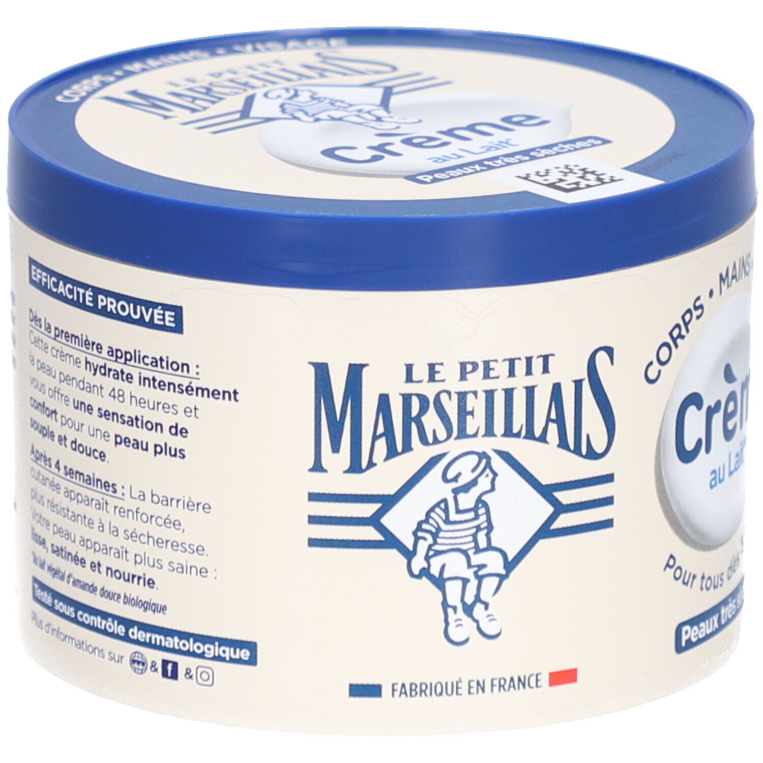 Crèmepot met blauwe deksel. Opschrift: Crème au Lait, Peaux très sèches. Merk: LE PETIT MARSEILLAIS. Gemaakt in Frankrijk.