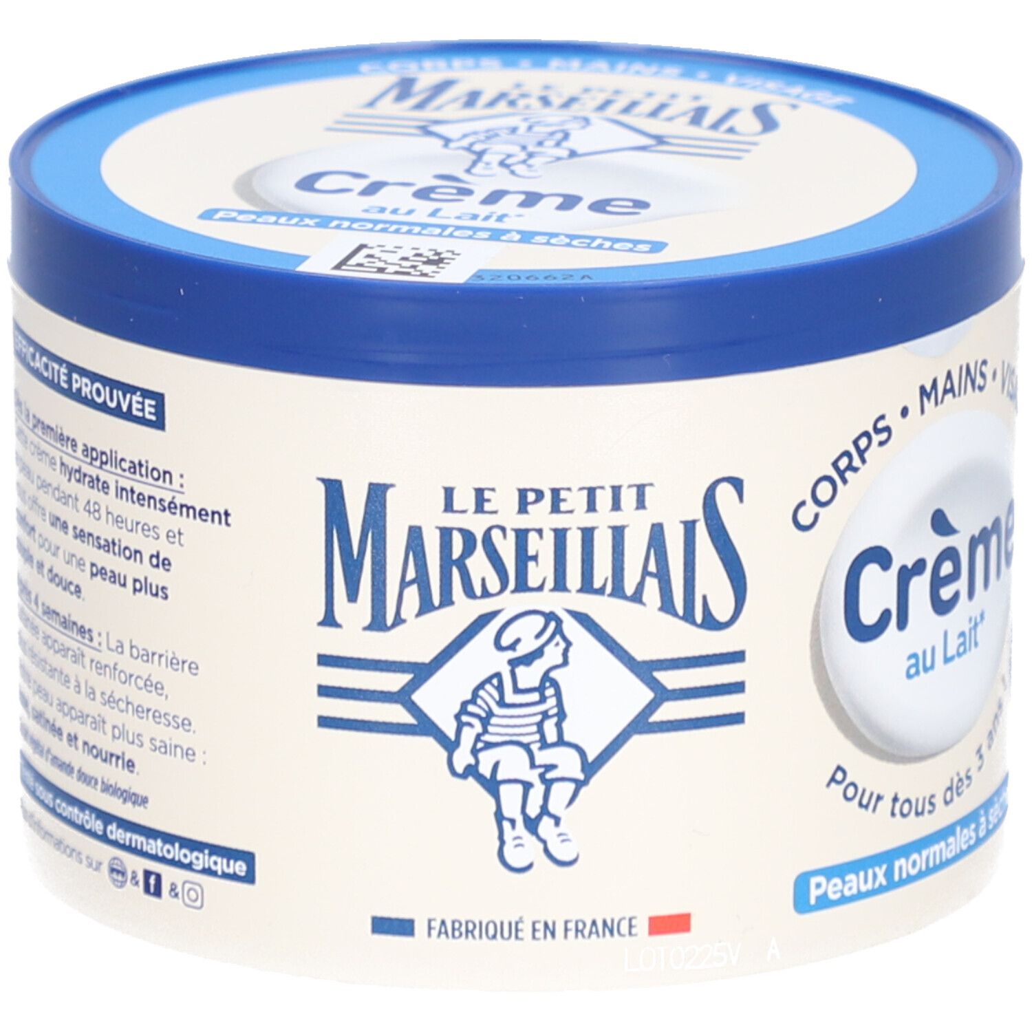 Crèmepot met blauwe deksel. LE PETIT MARSEILLAIS Crème au Lait. Voor normale tot droge huid. Fabriqué en France.