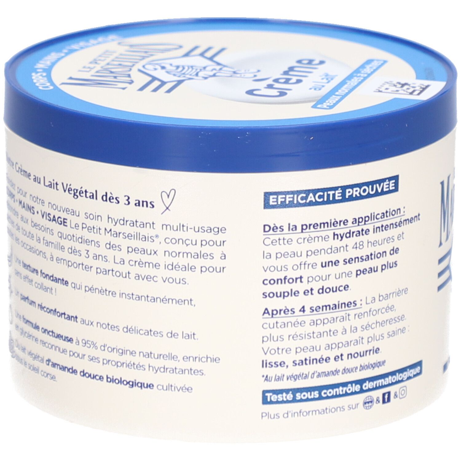 Achterkant van de crèmepot. Tekst: Crème au Lait Végétal dès 3 ans. Efficacité prouvée. Testé sous contrôle dermatologique.