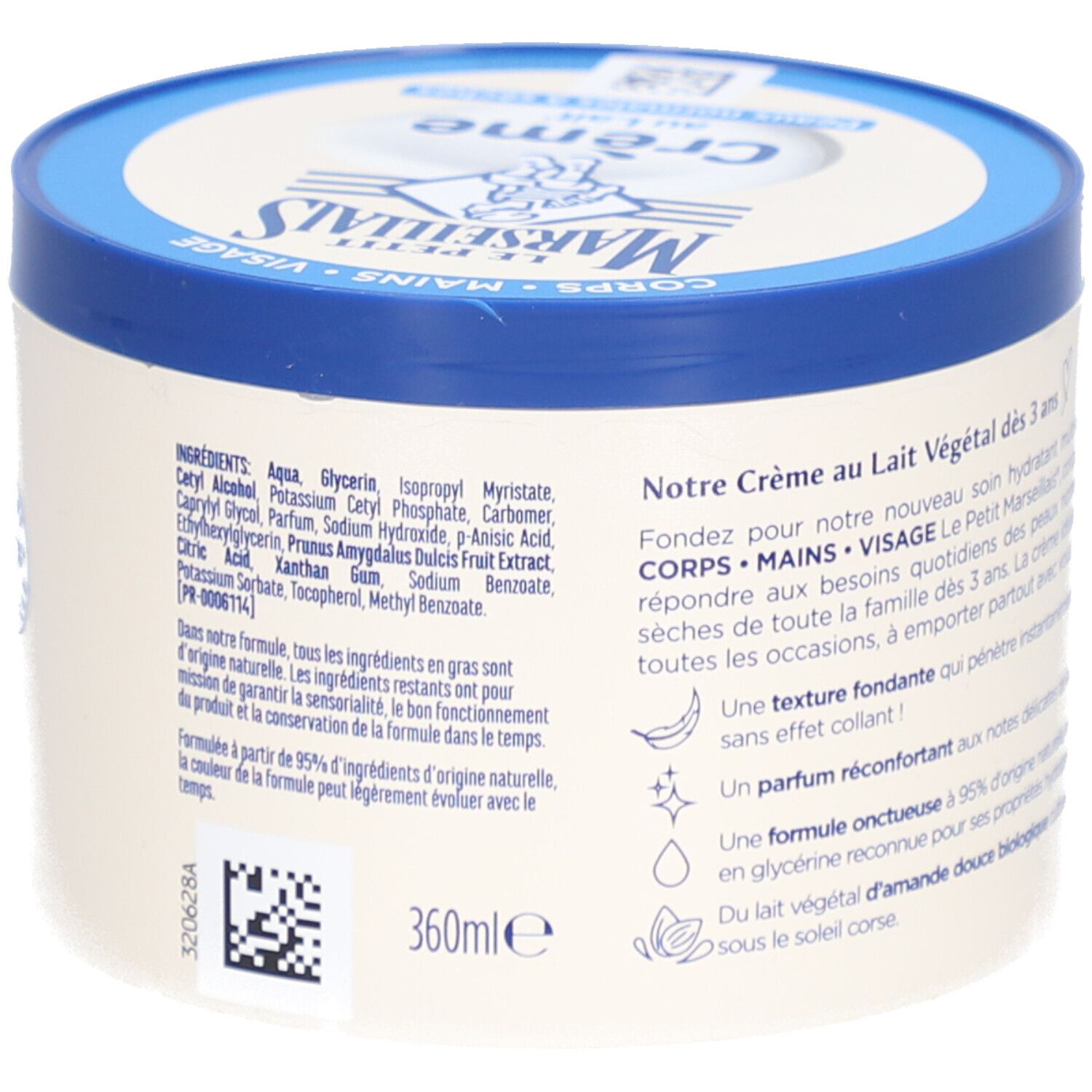 Achterkant van de crèmepot. Tekst: Ingrediënten, 360ml. Crème au Lait Végétal dès 3 ans. Testé sous contrôle dermatologique.