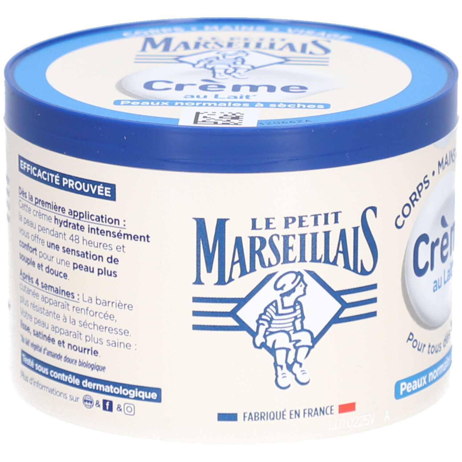 Crèmepot met blauwe deksel. LE PETIT MARSEILLAIS Crème au Lait. Voor normale tot droge huid. Efficacité prouvée.