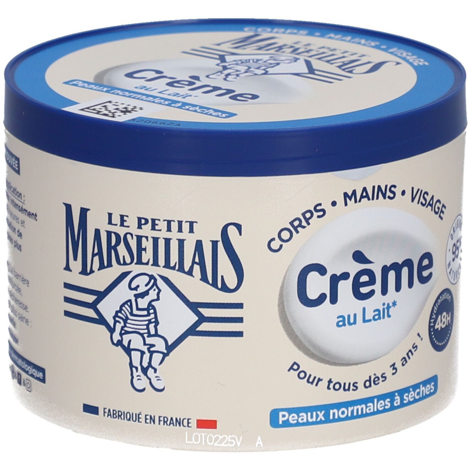 Crèmepot met blauwe deksel. LE PETIT MARSEILLAIS Crème au Lait. Voor normale tot droge huid. 95% naturelle.