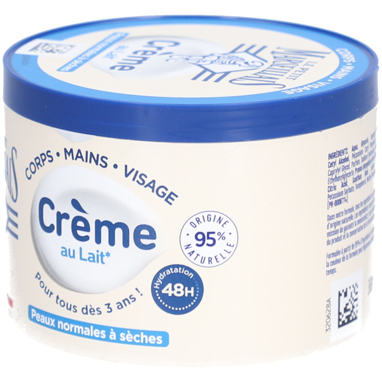 Crèmepot met blauwe deksel. LE PETIT MARSEILLAIS Crème au Lait. Voor normale tot droge huid. 48H Hydratation.