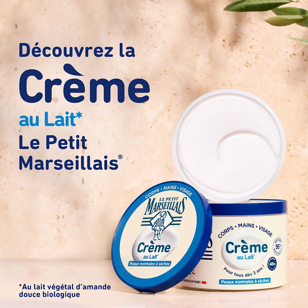 Productverpakking met deksel en pot. LE PETIT MARSEILLAIS Crème au Lait. Voor normale tot droge huid. Crème au Lait.