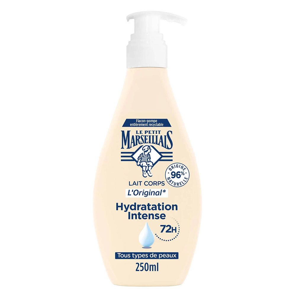 Beige fles met pomp. Opschrift: Lait Corps L'Original, Hydratation Intense, 72H. 250ml. Voor alle huidtypen.