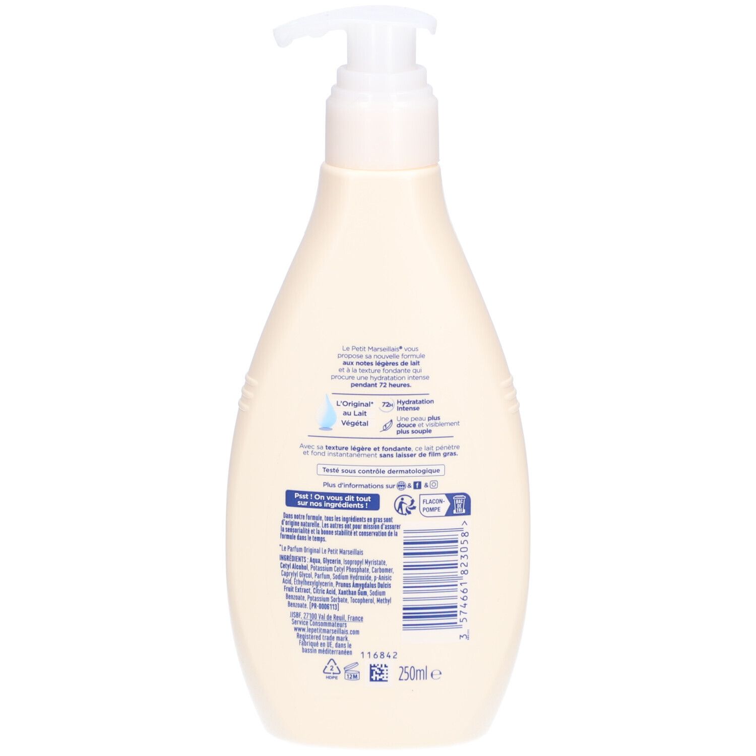 Achterkant van de fles. Opschrift: Lait Corps L'Original, Hydratation Intense, 72H. 250ml. Ingrediënten.