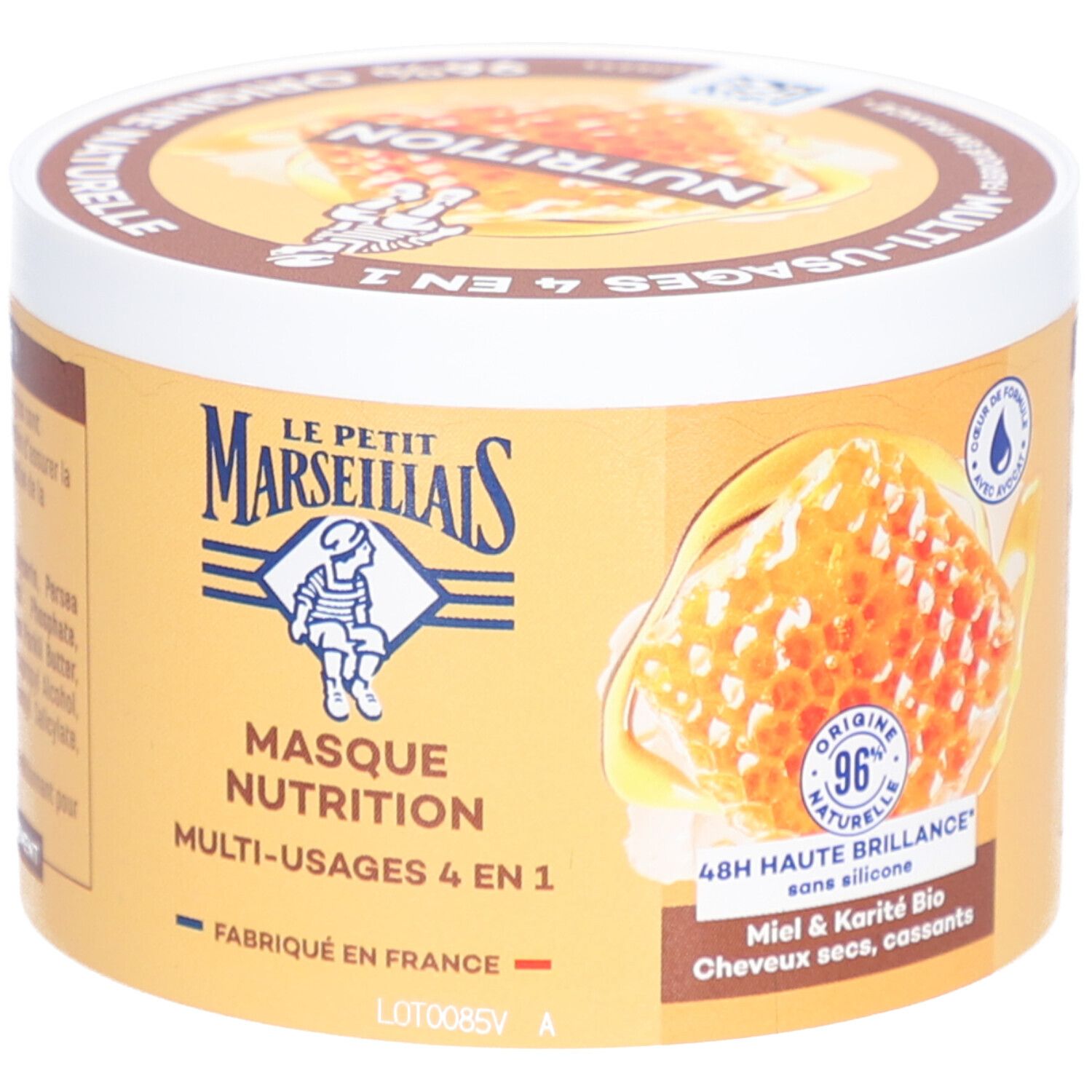 LE PETIT MARSEILLAIS Masque Nutrition Multi-Usages 4 en 1. Pot. Tekst: 96% Origine Naturelle.