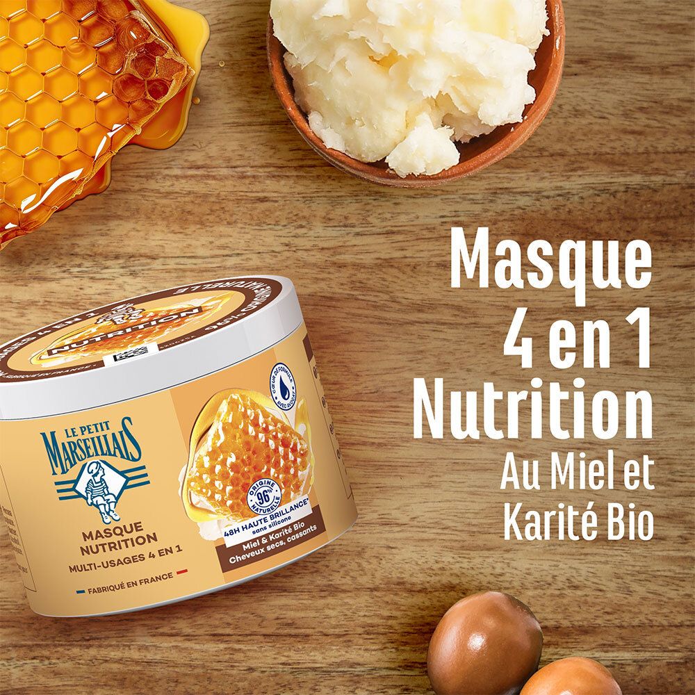 LE PETIT MARSEILLAIS Masque Nutrition 4 en 1. Honing en Karité Bio. Op houten achtergrond. Honingraat en shea butter.