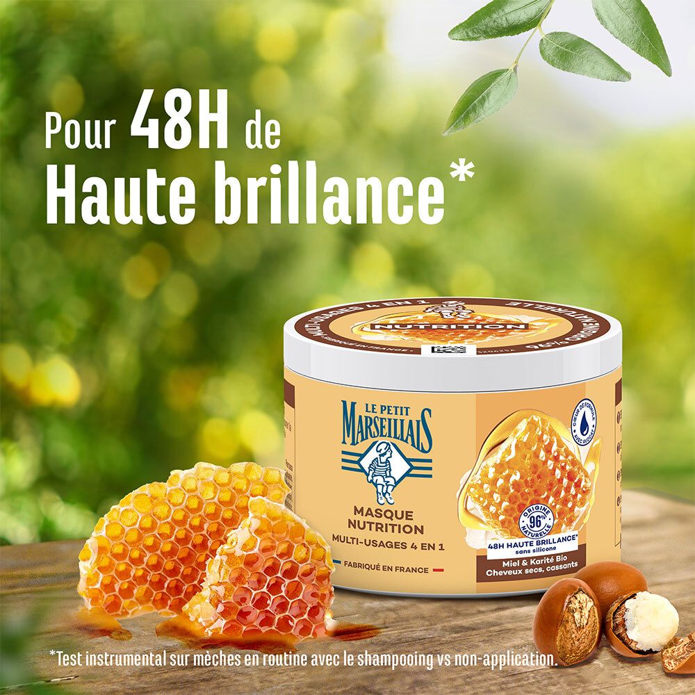 LE PETIT MARSEILLAIS Masque Nutrition 4 en 1. Honingraat, honing en shea butter. Tekst: Pour 48H de Haute brillance.