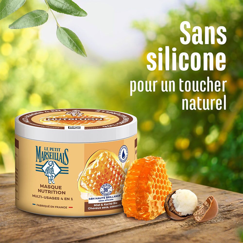 LE PETIT MARSEILLAIS Masque Nutrition 4 en 1. Honingraat en shea butter. Tekst: Sans silicone pour un toucher naturel.