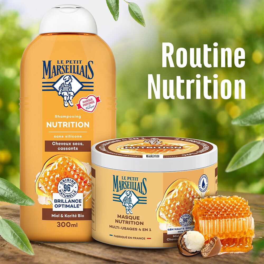 LE PETIT MARSEILLAIS Shampooing en Masque Nutrition. Honingraat en shea butter. Tekst: Routine Nutrition.