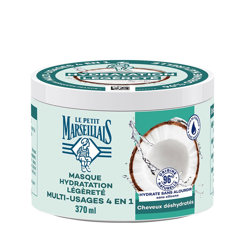 Ronde pot met deksel. Opschrift: Masque Hydratation Légèreté 4 en 1. Kokosnoot-illustratie.