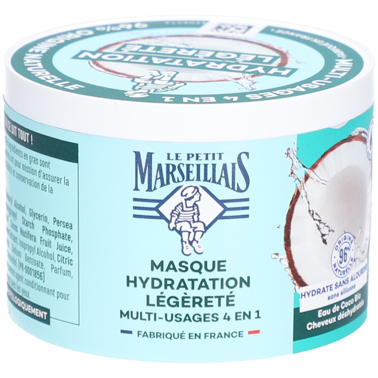 Pot met deksel. Opschrift: Masque Hydratation Légèreté 4 en 1. 96% natuurlijke ingrediënten.