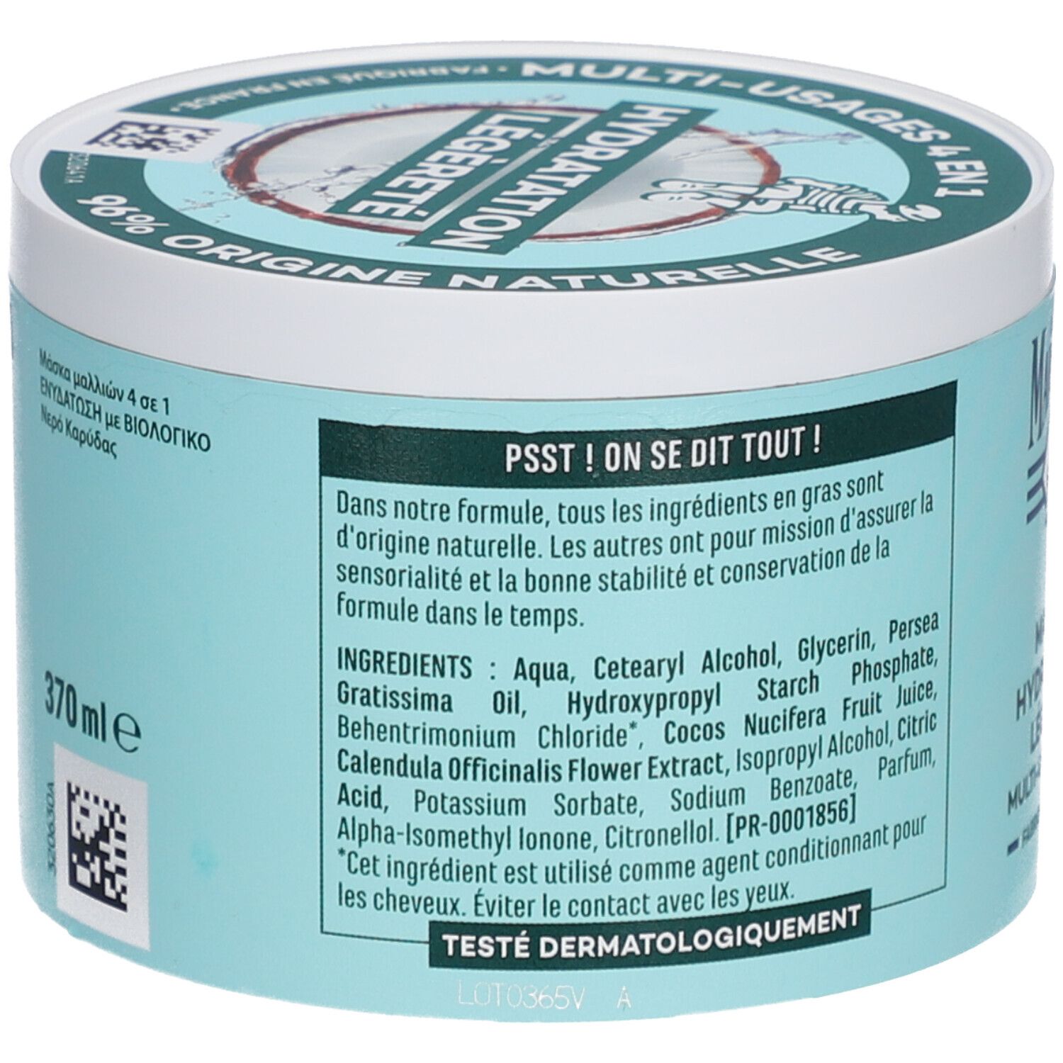 Achterkant van de pot. Tekst: Ingrediënten, gebruiksaanwijzing, Testé dermatologiquement.