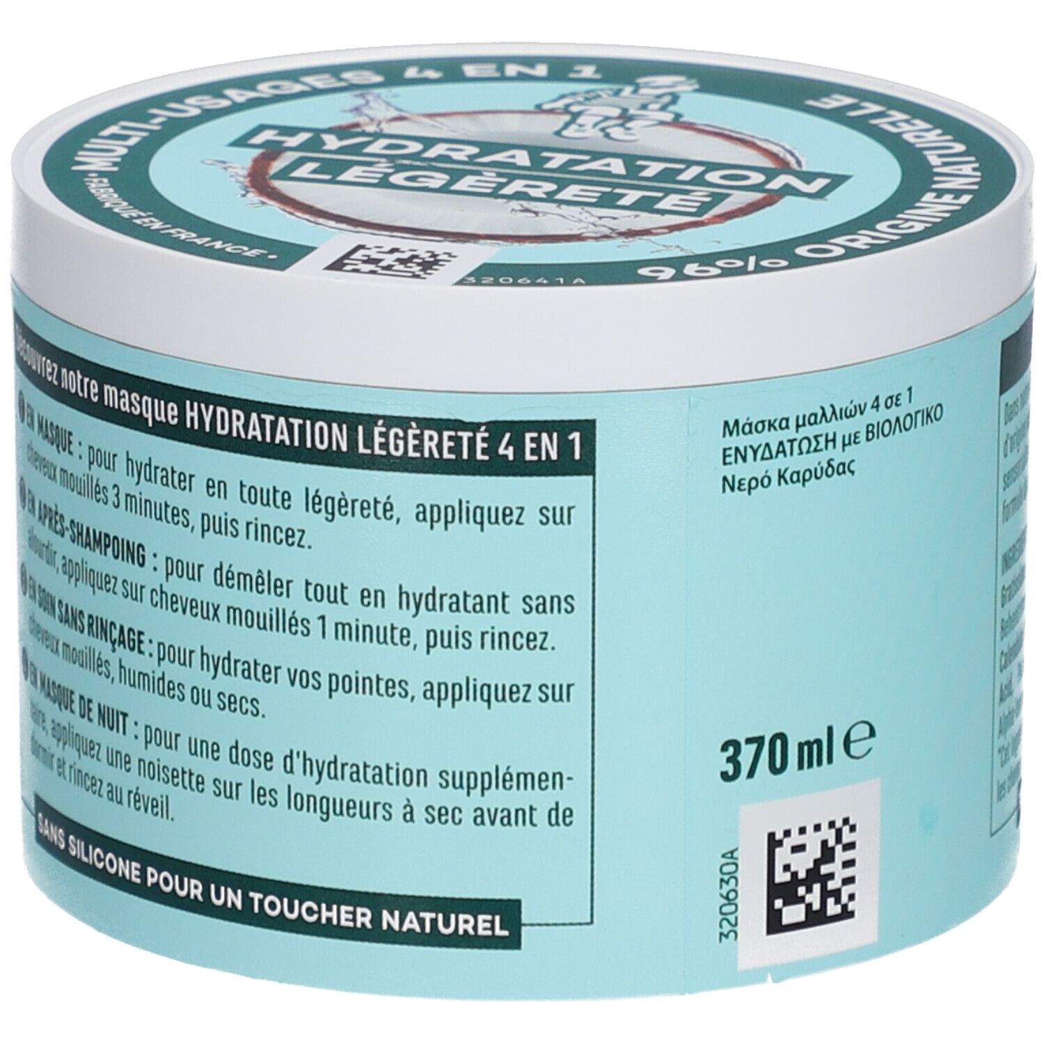 Achterkant van de pot. Tekst: Gebruiksaanwijzing, 370 ml, Testé dermatologiquement.