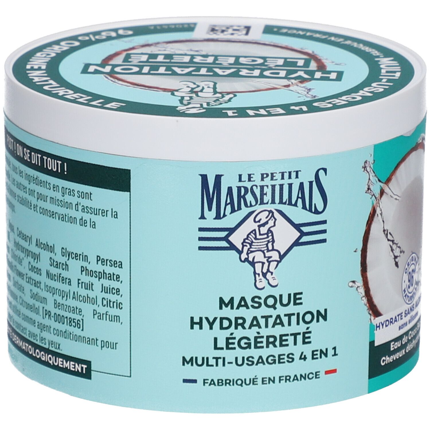Pot met deksel. Opschrift: Masque Hydratation Légèreté 4 en 1. 96% natuurlijke ingrediënten.