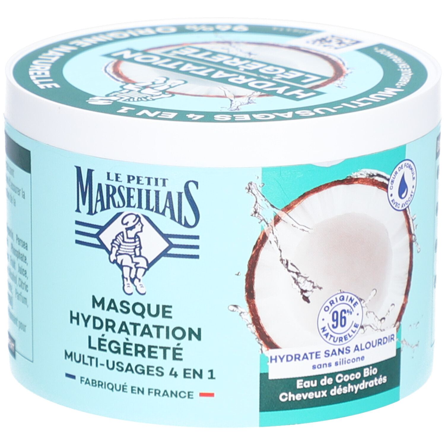 Pot met deksel. Opschrift: Masque Hydratation Légèreté 4 en 1. 96% natuurlijke ingrediënten.