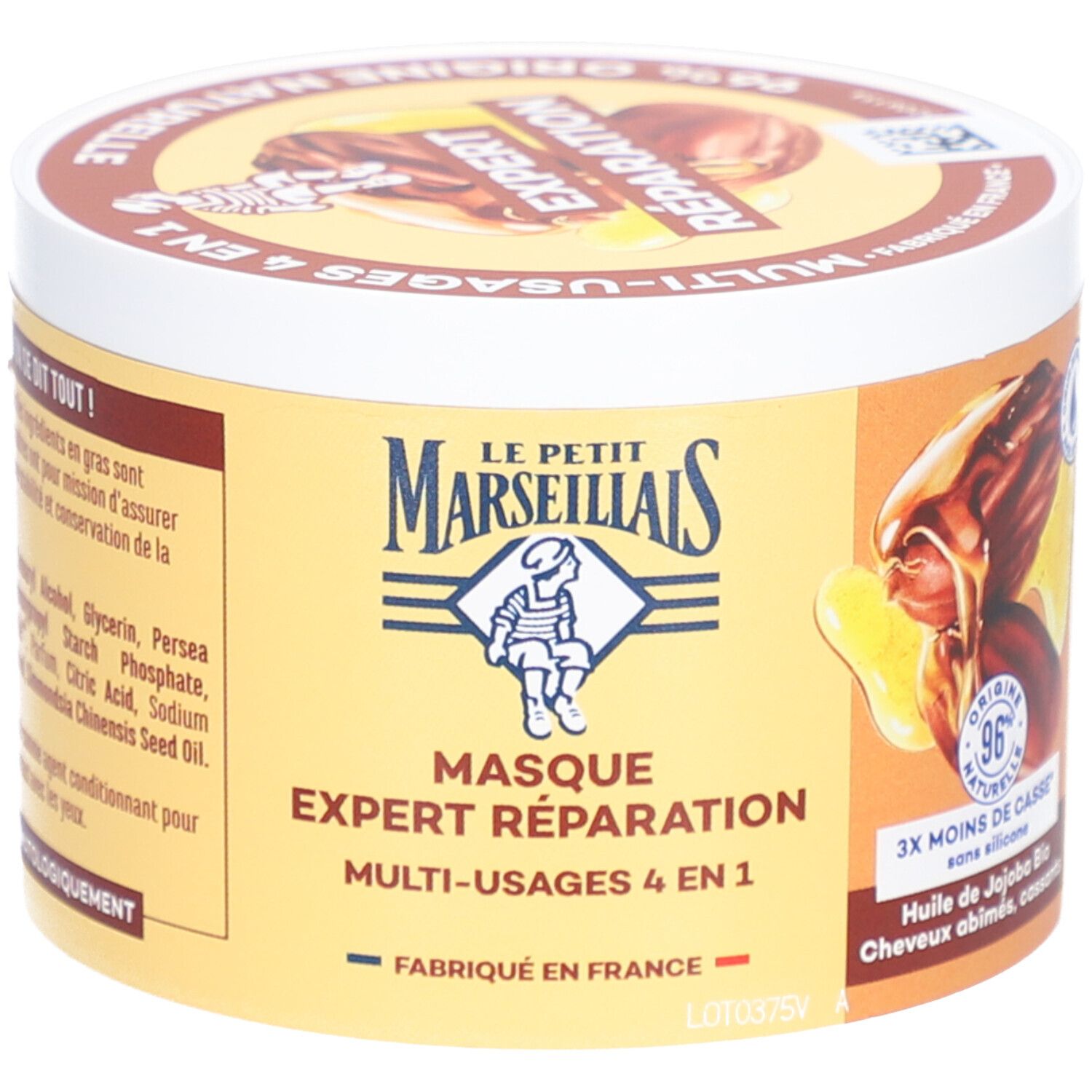 Pot rond. Inscription: LE PETIT MARSEILLAIS, Masque Expert Réparation, Multi-Usages 4 en 1. 370 ml.