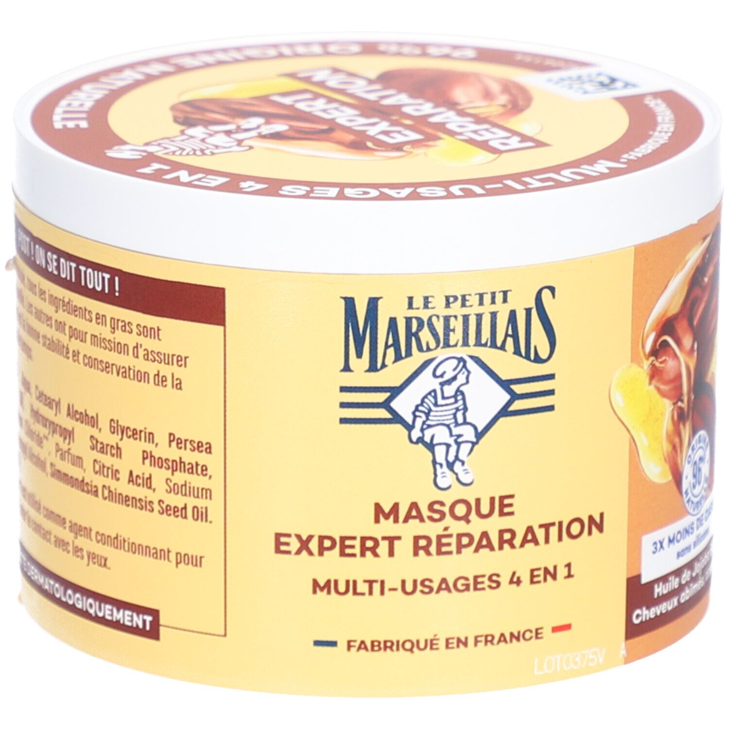 Pot rond. Inscription: LE PETIT MARSEILLAIS, Masque Expert Réparation, Multi-Usages 4 en 1. 370 ml.