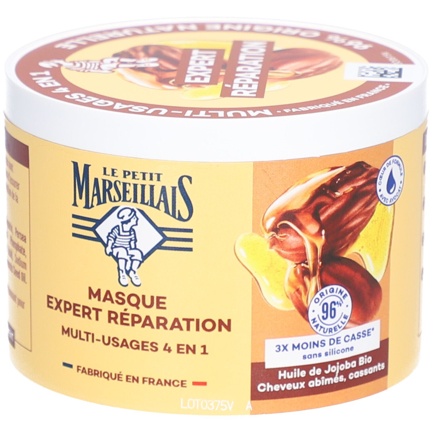 Pot rond. Inscription: LE PETIT MARSEILLAIS, Masque Expert Réparation, Multi-Usages 4 en 1. 370 ml.