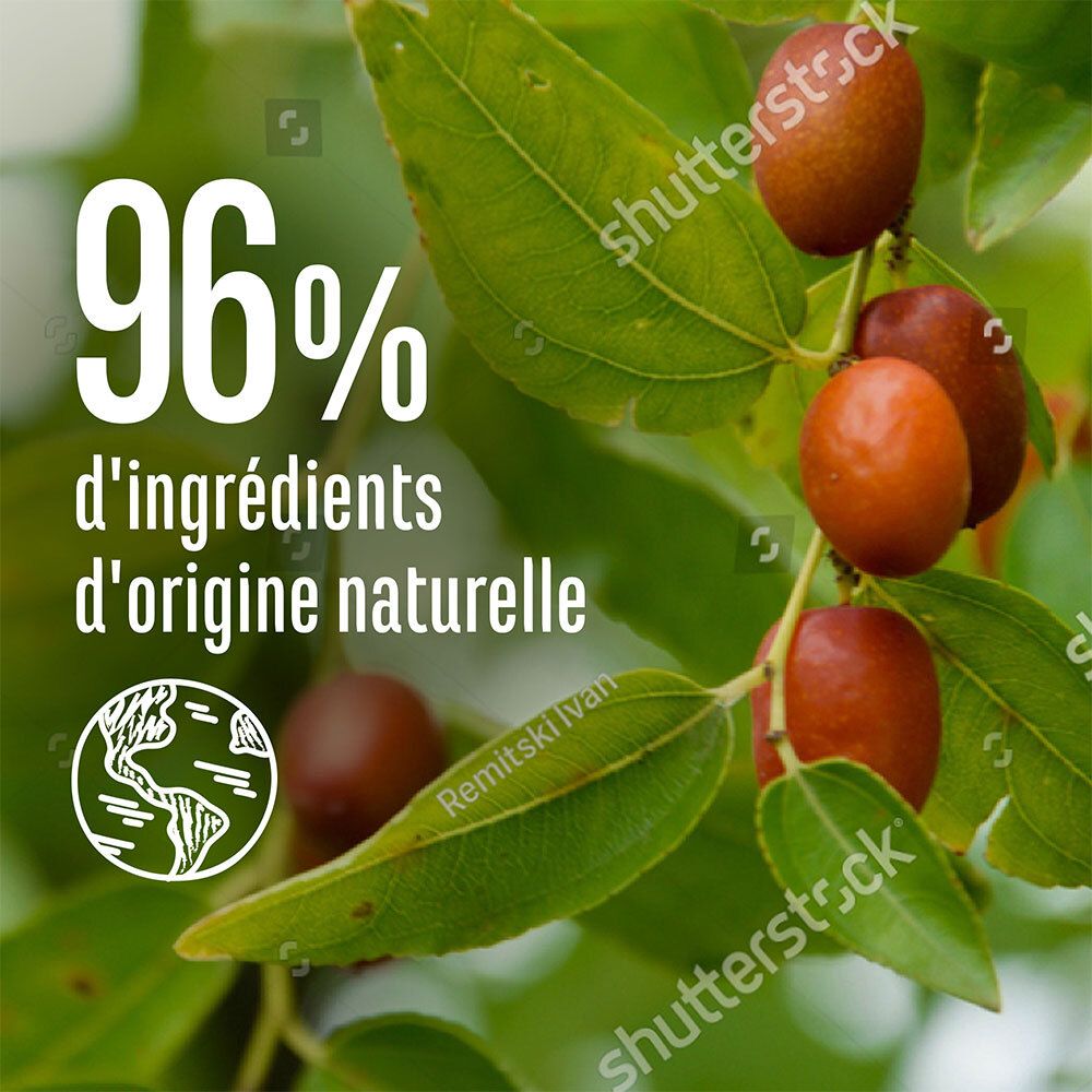 Branche avec fruits et feuilles. Texte: 96% d'ingrédients d'origine naturelle.