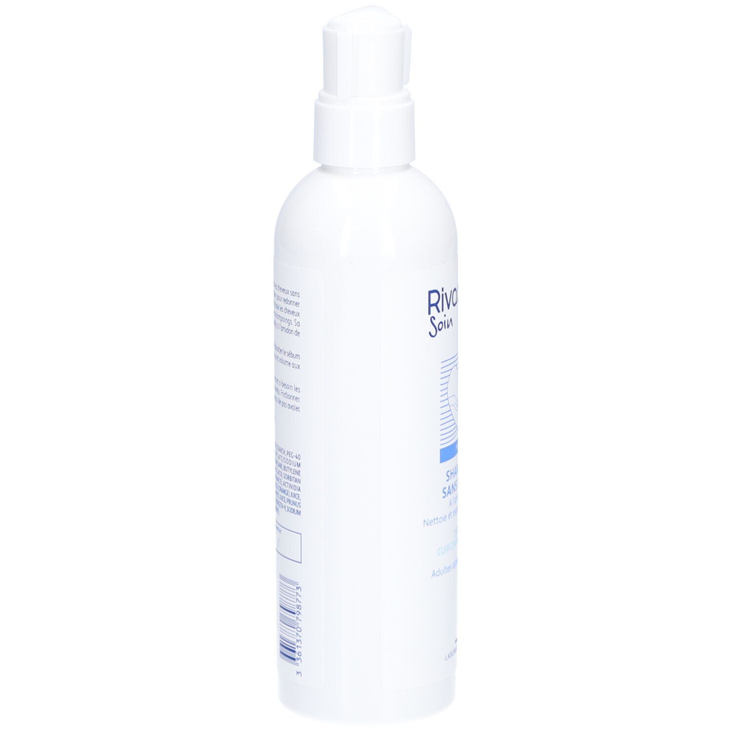 Witte fles met sproeikop. Achterkant met tekst. Product: RIVADOUCE Soin, Shampoing Sans Rinçage.
