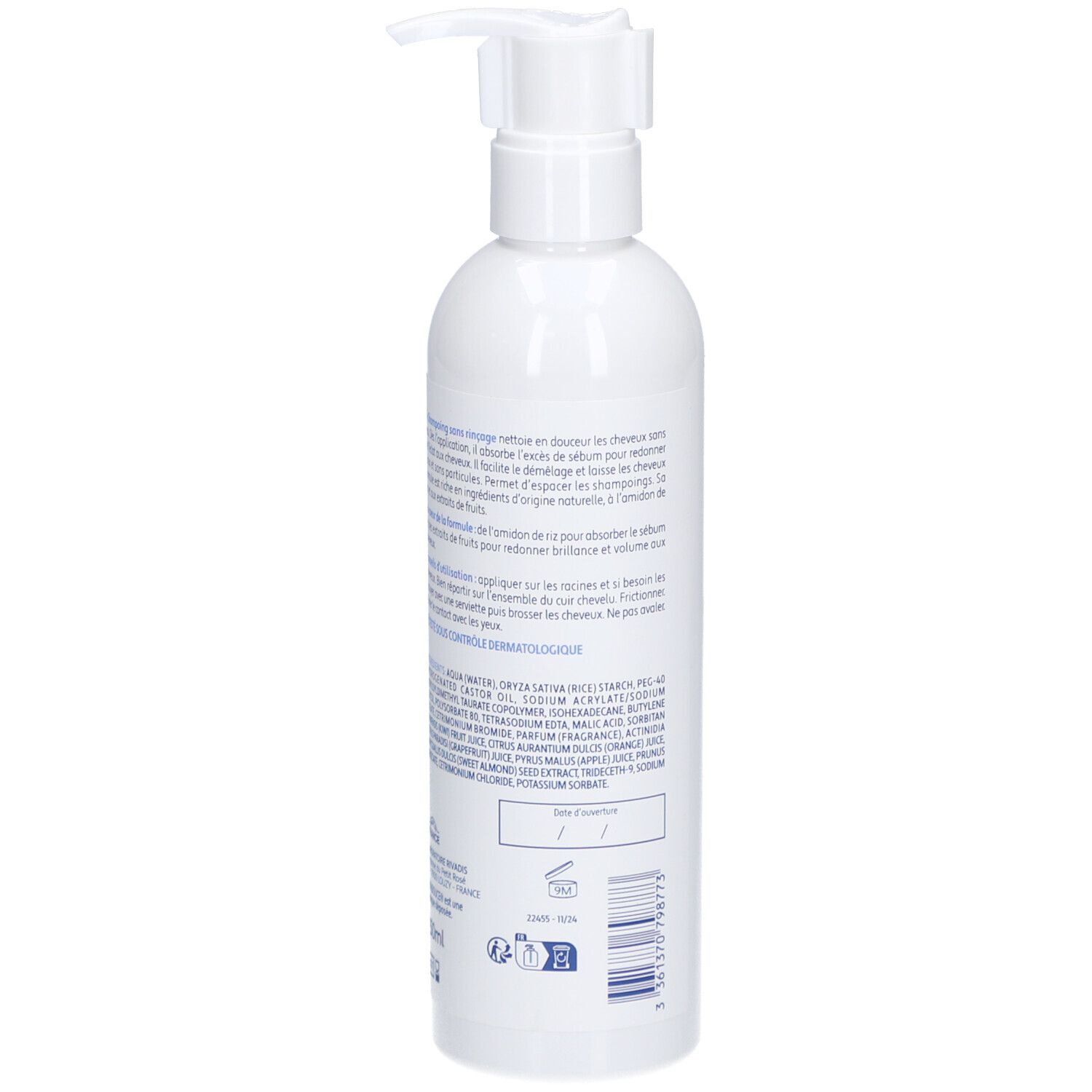 Achteraanzicht van een witte fles. Tekst: RIVADOUCE Soin, Shampoing Sans Rinçage. Ingrediënten en gebruiksaanwijzing.