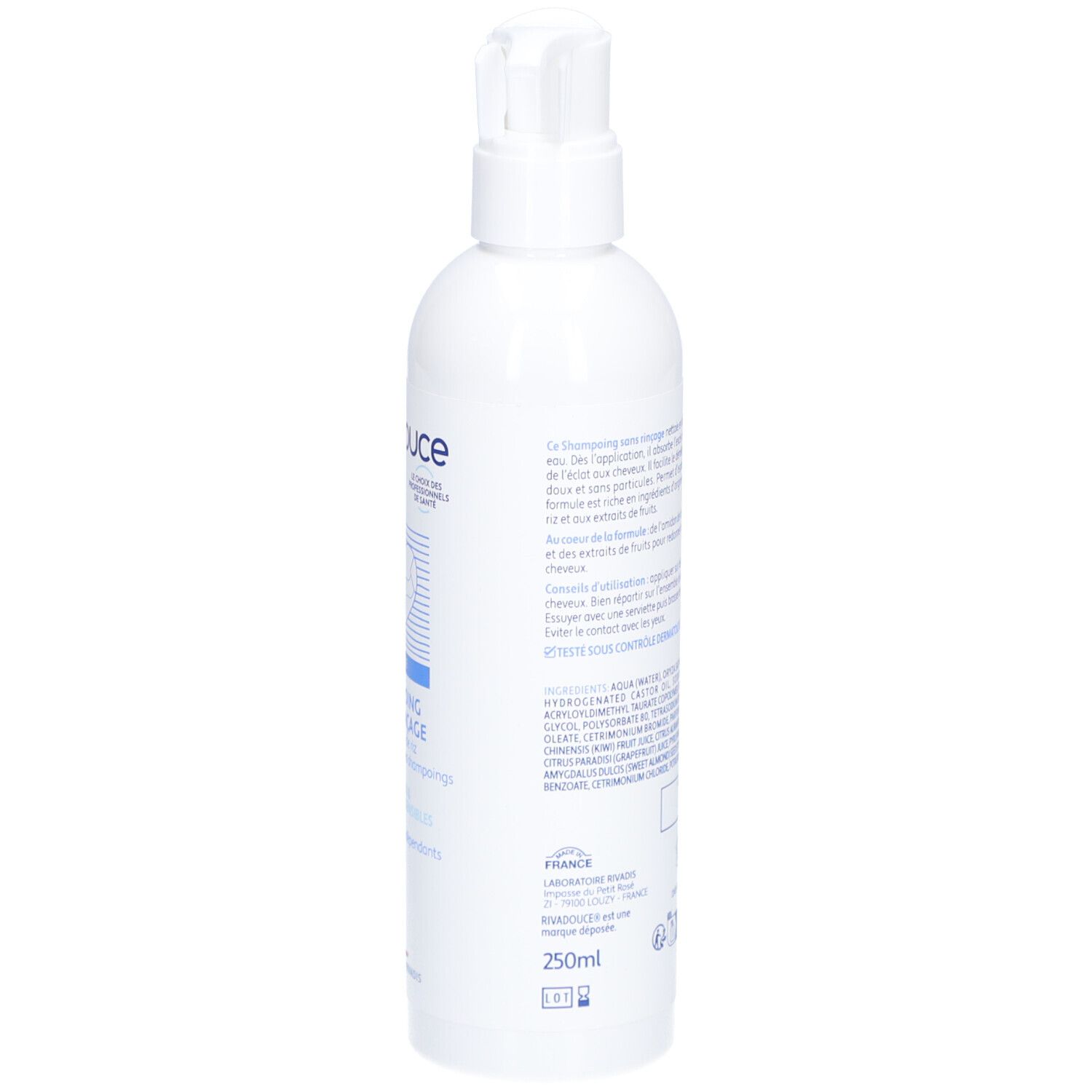 Achteraanzicht van een witte fles. Tekst: RIVADOUCE Soin, Shampoing Sans Rinçage. Volume: 250ml.